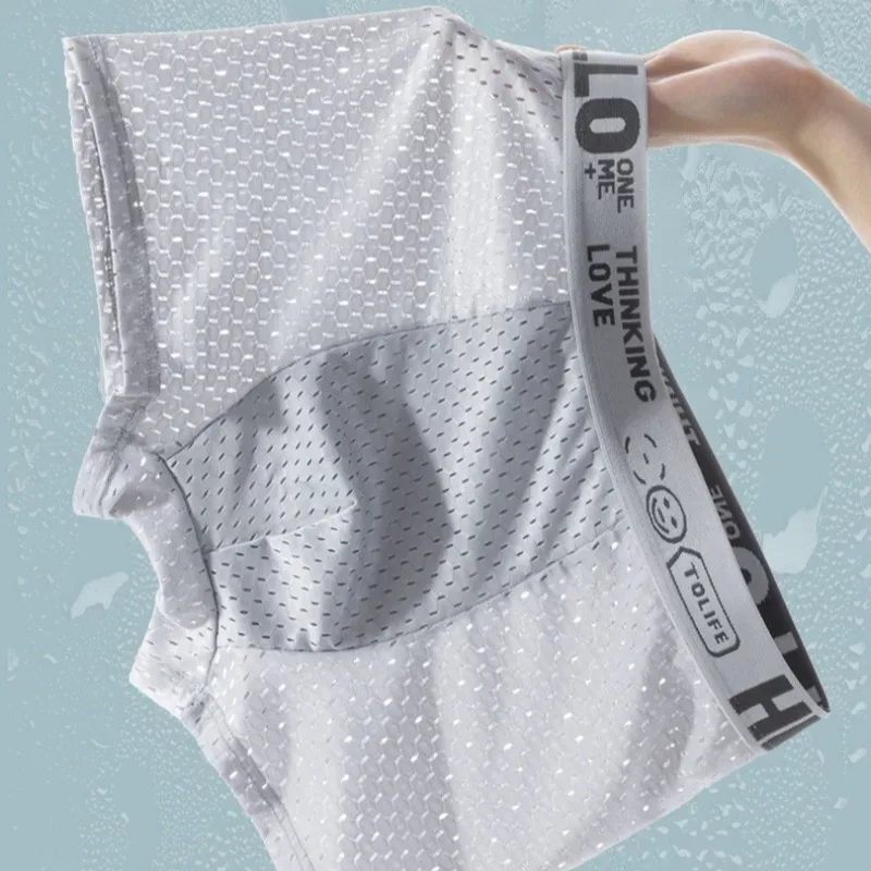 6 Stück Mesh-Boxshorts aus Eisseide für Herrenunterwäsche, atmungsaktiv, sexy, schmale Passform und nahtlose, flache Ecken, große Größe