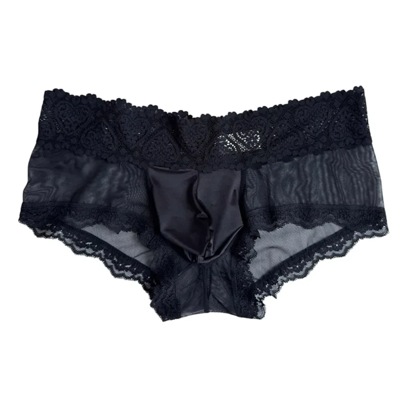 Men Ice Silk Lace Trim Thin Seamless Briefs Glossy 3D Pouch Lightweight Underwear Panties Comfortable Daily Lingerie