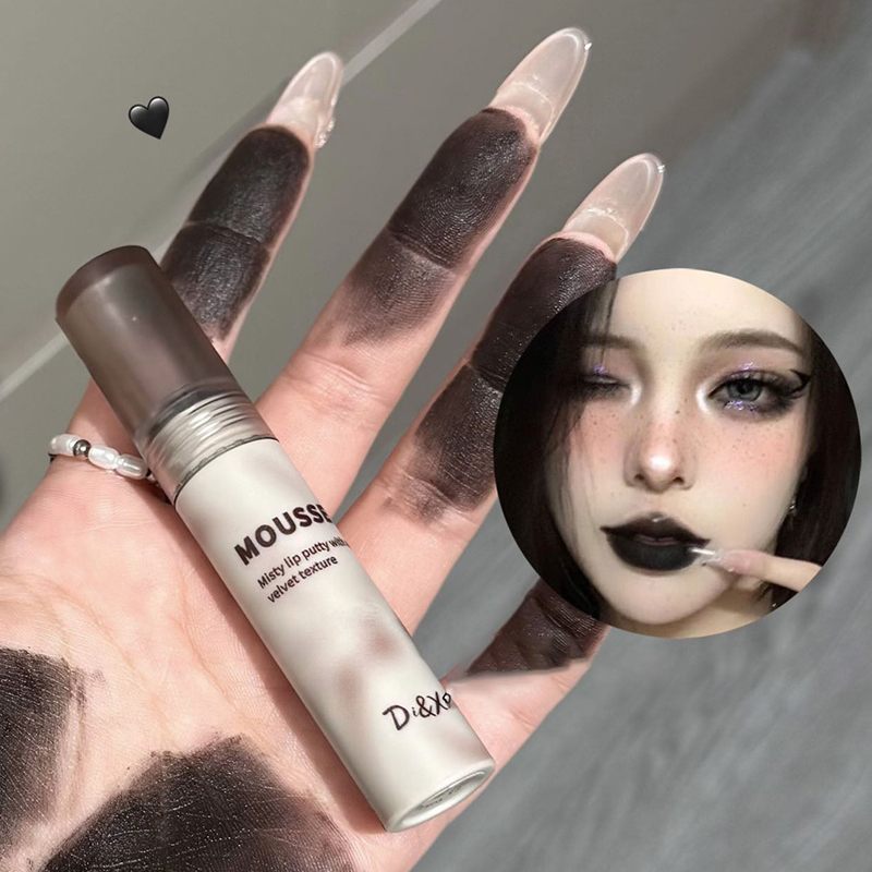 Γοτθικό ματ μαύρο κραγιόν Αδιάβροχο μους Lip Mud Nude Καφέ κραγιόν Σκούρο μωβ Punk Lip Gloss Μακιγιάζ Αντικολλητικό Lips Tint