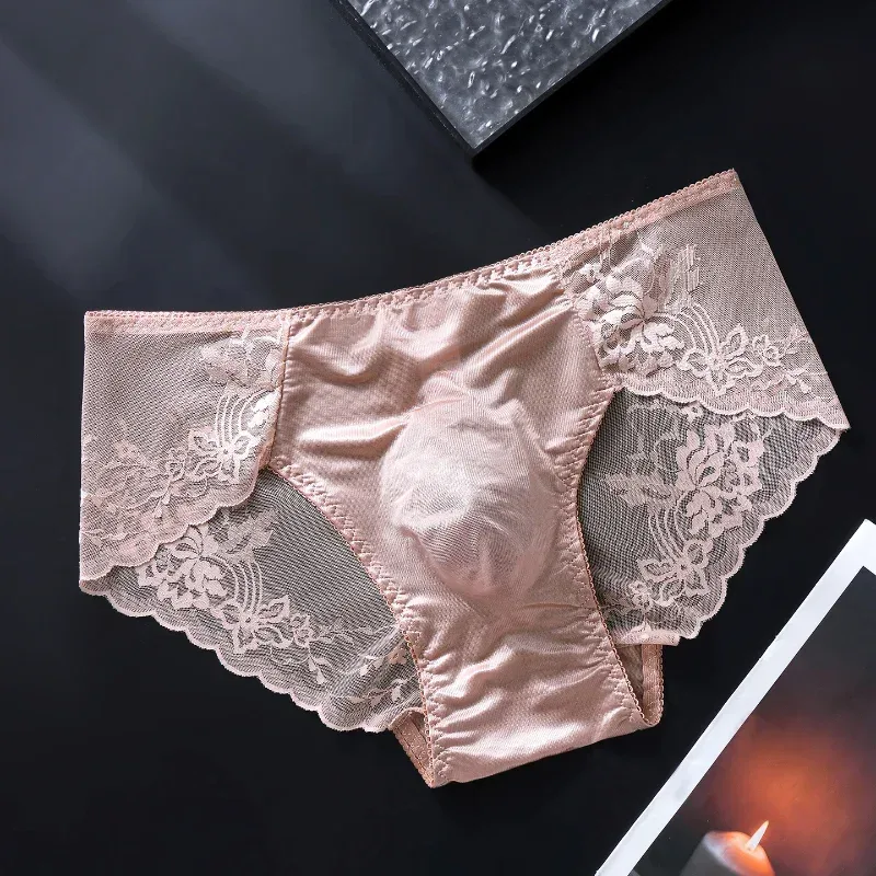 Men's Lace Briefs 3d U Convex Pouch Lingerie Ice Silk Breathable Thin Underwear Sexy Low-Rise Panties Sissy Feminization
