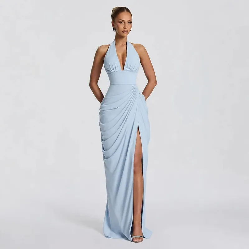 Sexy Solid Pleated Halter Women's Dress Fashion Sleeveless Backless Waist-cinching Split Maxi Dresses 2026 Summer Party Gowns