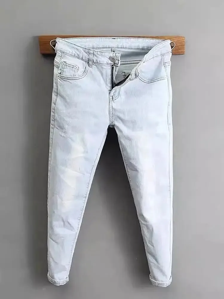 2000’s Clothes Men's Light-colored Jeans 2025 New Spring Autumn Slim Cargo Light Blue Pants Trendy Brand Work Elastic Trousers