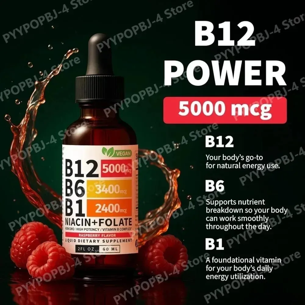 Vitamin B12 B6 Tetes Cair 60Ml B Kompleks dengan B1 Niacin Folat Raspberry Suplemen Kesehatan Harian Vegan 40 Porsi Dewasa