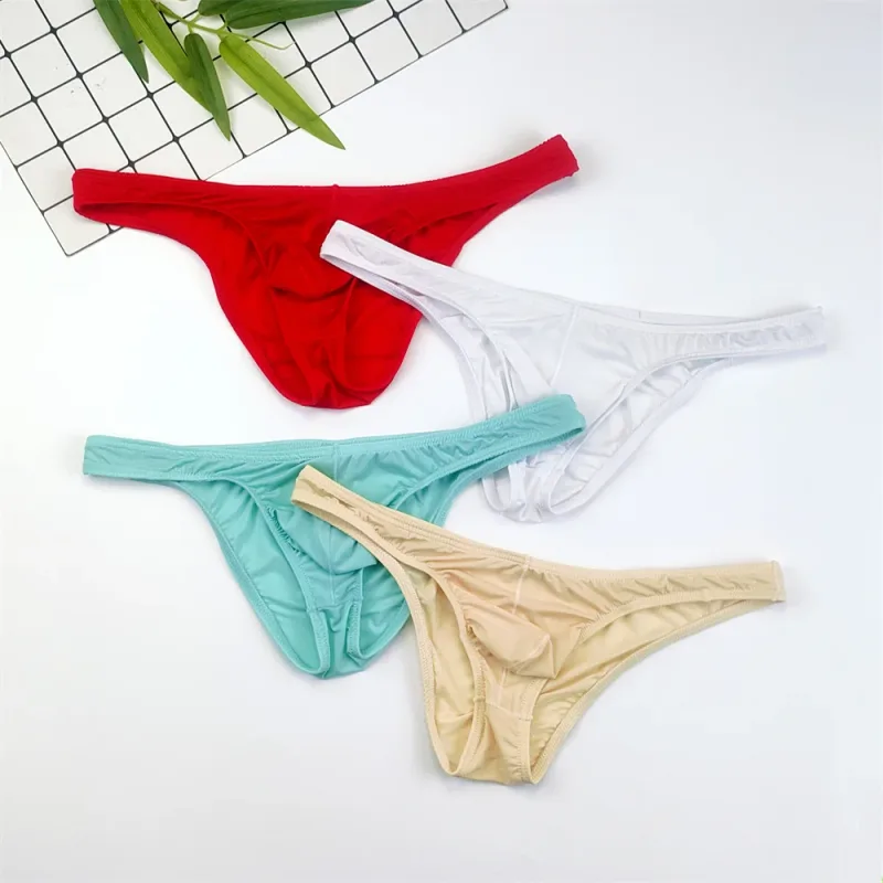 4PCS Men High Fork Briefs Mid Waist Elastic Ice Silk Brief Summer Underpants Ice Silk U Convex Pouch Male Underwear Silky Shorts
