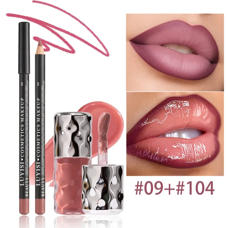 Σετ γαλακτοκομικών χειλιών-1 τμχ Matte Lip Liner+1 τμχ Hydrating Lip Gloss Ποικιλία χρώματος Velvet Definition & Glassy Shine Nourishing Formula