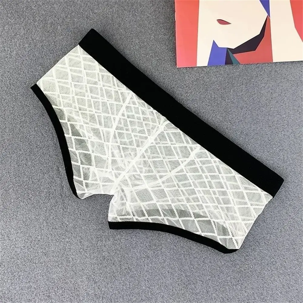 Cueca boxer transparente masculina, bolsa com protuberância, transparente, malha xadrez, sexy, cintura baixa, plus size
