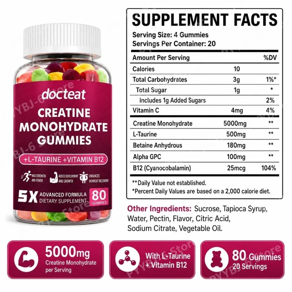 Creatine Monohydrate Gummies 80 Count with Taurine Vitamin B12 Chewable Sports Nutrition Συμπλήρωμα για μυϊκή και ενεργειακή υποστήριξη