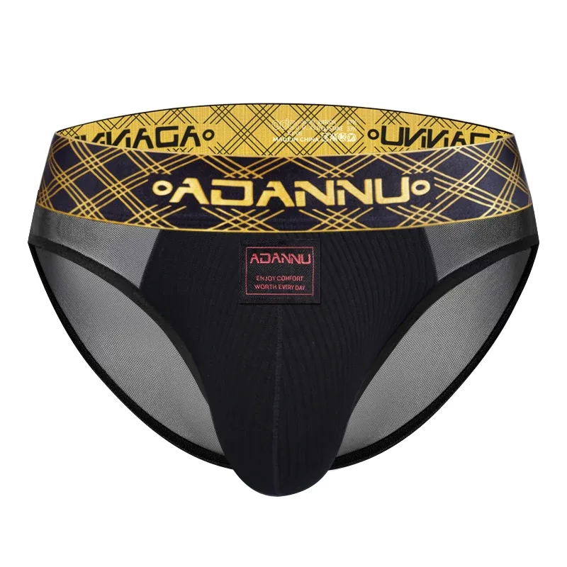 Luxury Ice Silk Men's Underwear with Gold Thread Embroidery Waistband Ultra-Thin Transparent Mesh Quick-drying Briefs for Men