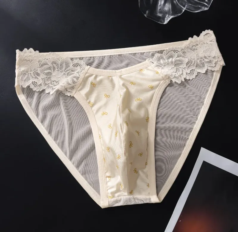 Men's Satin French Lace Briefs Exotic Male Mesh Transparent Lingerie 3D U Convex Panties Breathable Ice Silk Seemless Underwear