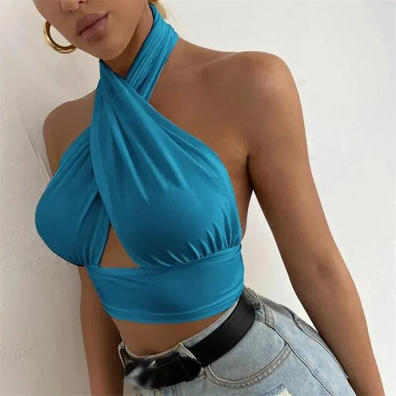 y2k Halter למעלה נשים בגדי קיץ צבע אחיד ללא שרוולים אפוד ללא גב חולצת טריקו שנות ה-2000 בגדים אסתטיים Streetwear