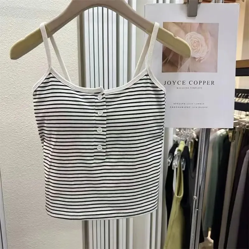 Integrated Stripe Women's Vest Inner Wear Outer Wear Button Fixed Cup No Bra Sports Top Short Style Cotton 100% Short Vest
