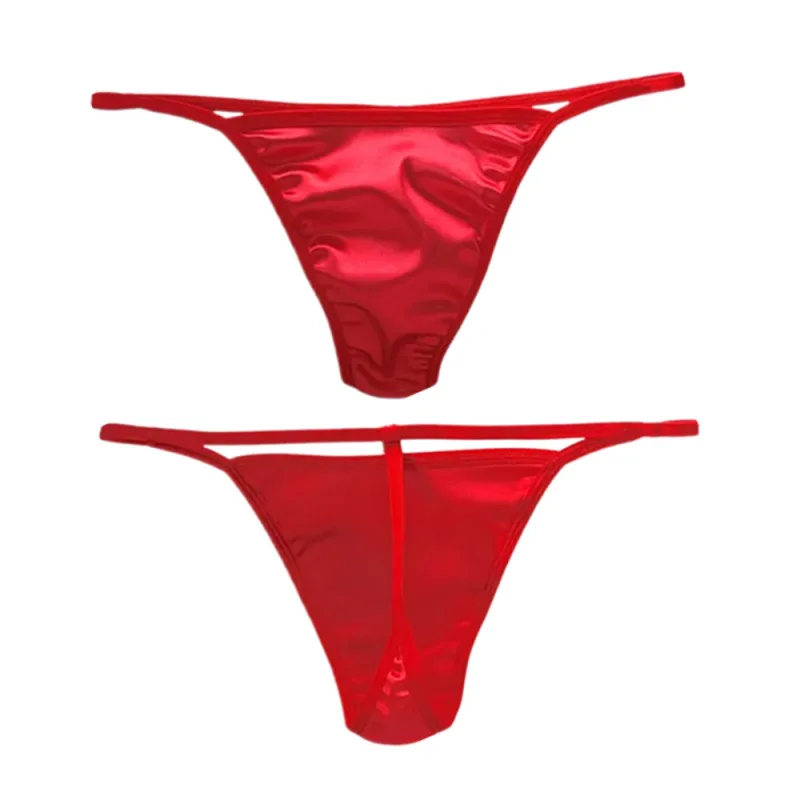 2PCS Men's T-back Thong Sexy Thin Strap Glossy Ice Silk Underwear Male U Convex Night Bikini Low Waist Plus Size Satin G-strings
