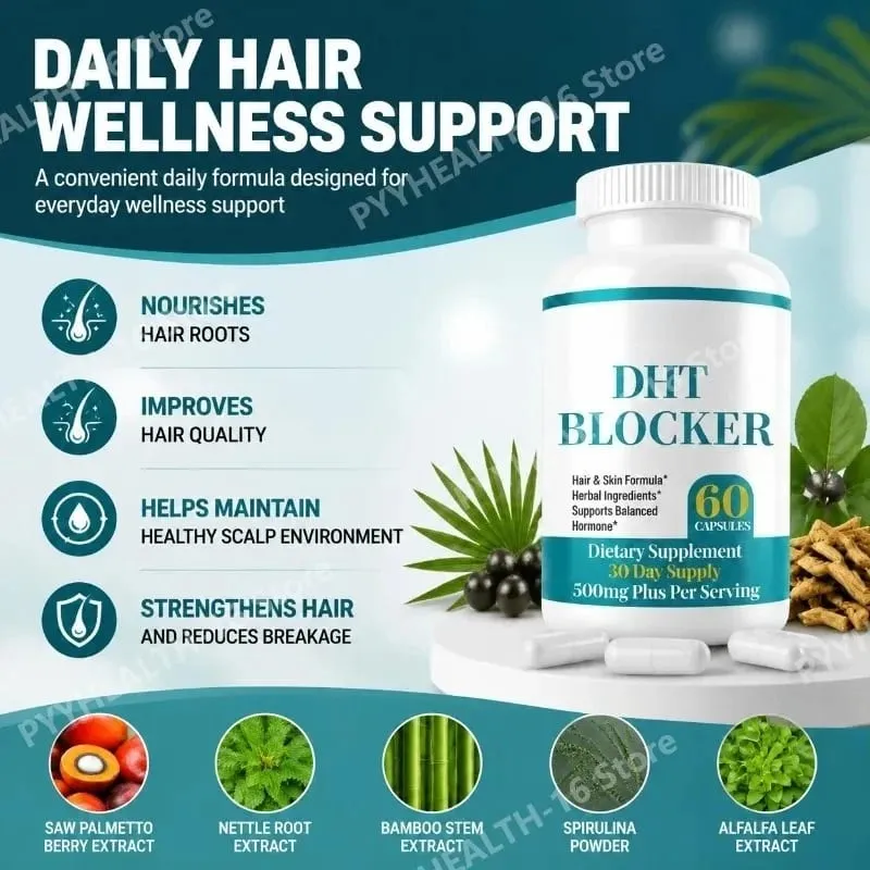 DHT Blocker Capsules na may Biotin 5000mcg Vitamin C D E B6 at Zinc para sa Malusog na Buhok at Suporta sa Balat Gluten-Free 60 Bilang