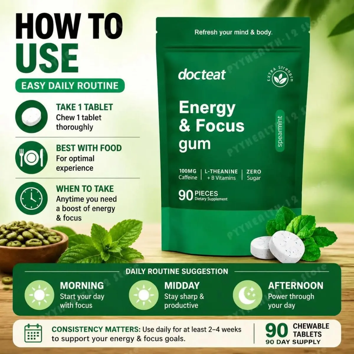 Docteat Energy & Focus Gum Chewable Tablets Zero Sugar with Green Coffee Extract L-Theanine Vitamin B6+B12 90 Chewable Tablets