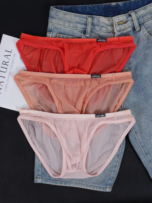 3 PCS Men's Ice Silk Cool U Convex Pouch Mesh Sheer Sexy Briefs Slim Thin Waistband Body Shaping Multicolor Underwear