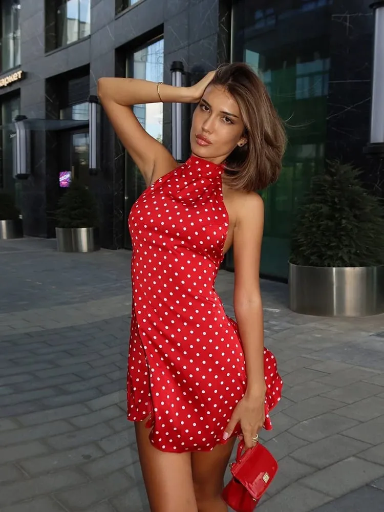 Pöttyös, elegáns, váll nélkül, ujjatlan, hát nélküli, magas derekú kötőfékű miniruha Y2K nyári divatos klubbuli Vestidos