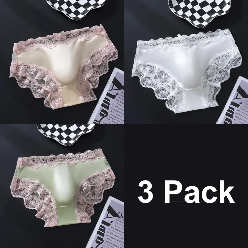 3 Pack Male Full Lace Side Briefs Ice Silk Satin 3D Molded Pouch Mid Rise Soft Smooth Men Underpants