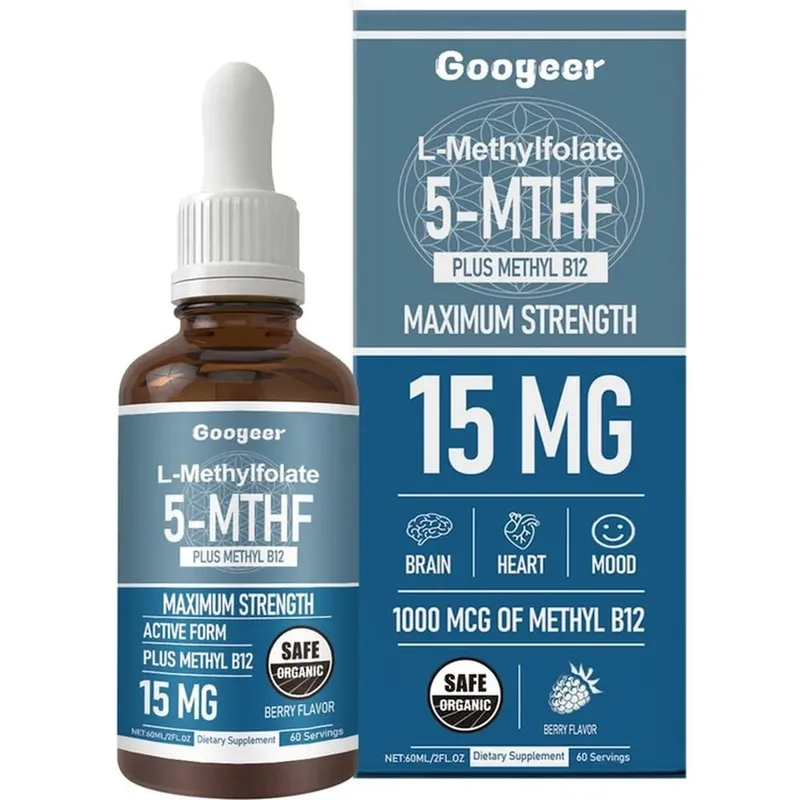 Googeer L-Methylfolate 5-MTHF טיפות נוזליות עם מתיל B12 15mg 1000mcg חוזק מקסימלי לב מוח תמיכת מצב רוח 60ml
