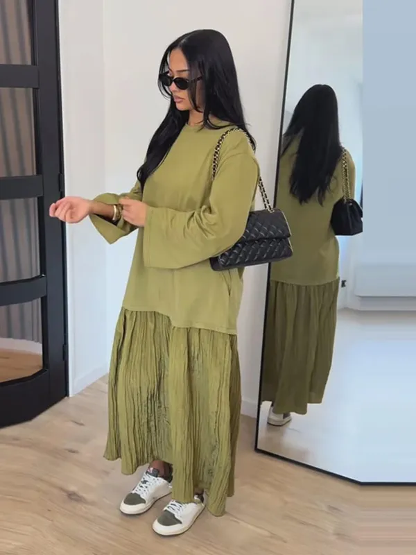 Κοντομάνικο συνονθύλευμα Oversized Μακρύ Φόρεμα Γυναικείο Κομψό με λαιμόκοψη Πλισέ Φαρδιά Φορέματα για πάρτι Καλοκαιρινά Casual Lady Vestidos