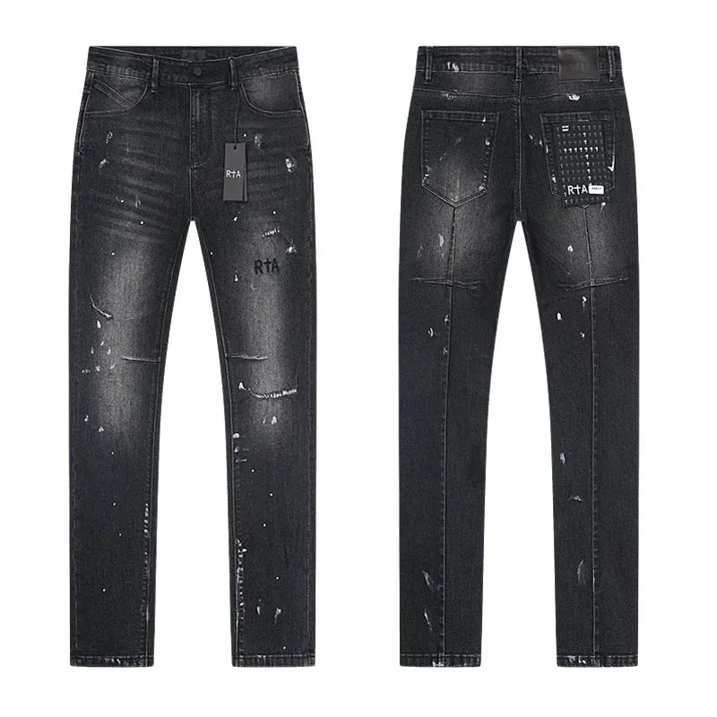 Νέο RTA Destroyed Scratch Hole Light Blue Distressed Jeans Ανδρικά High Street Elastic Slim Fit jeans 2026 Μάρκα παντελόνι Streetwear