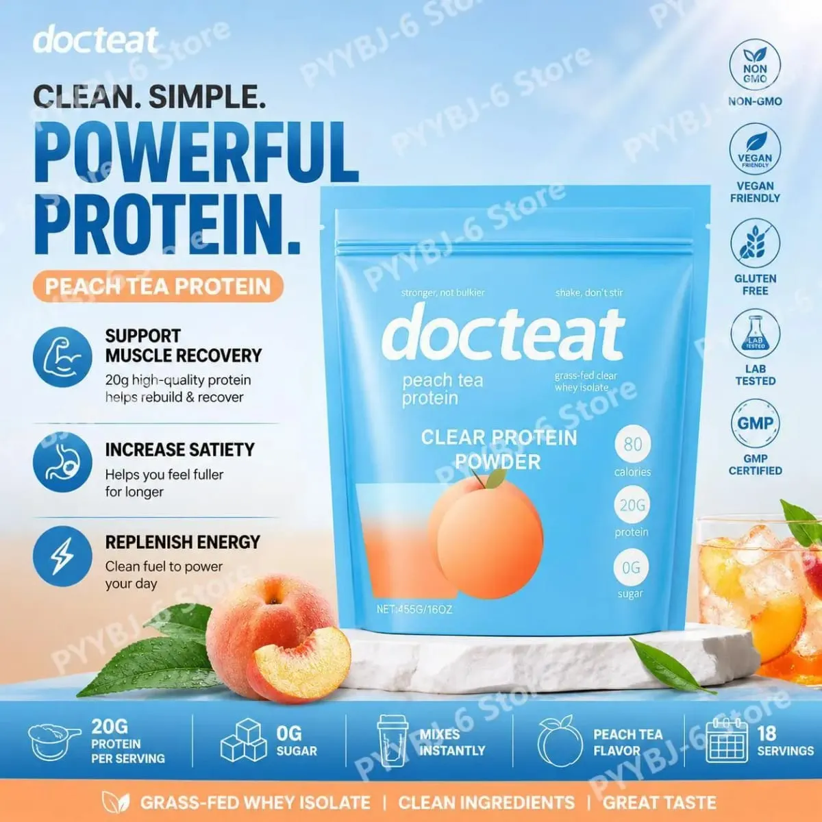 Docteat Peach Tea Clear Protein Powder 455g Whey Isolate & Stevia 20g Protein Low Fat 0g Sugar Fitness Workout Support Recovery