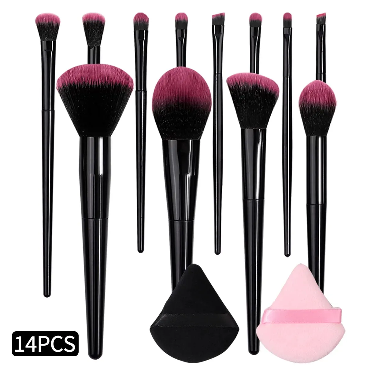 Hot Sale 14Pcs Kumpletong Makeup Brushes Kit Soft Skin-Friendly Fluffy Cosmetic Brushes na may Black at Pink Triangle Makeup Puffs