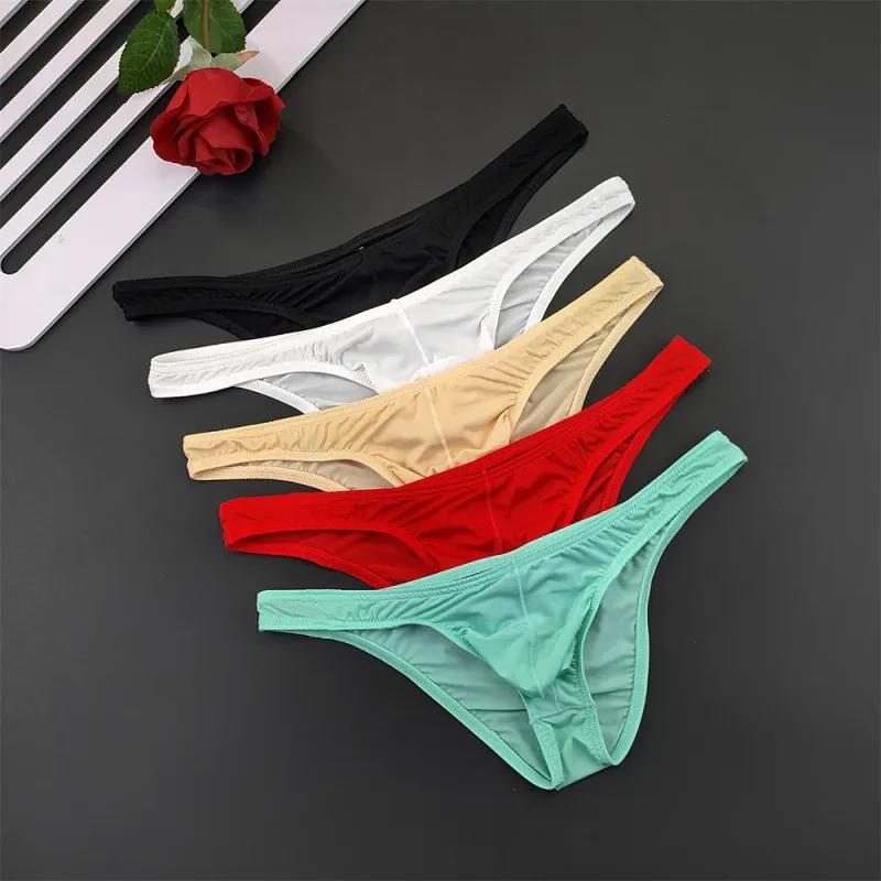 5Pcs New Youth Men's Ice Silk Brief U Pouch Underwear Low Waist Ultra Thin Transparent Underpants Sexy Plus Size Male Panties