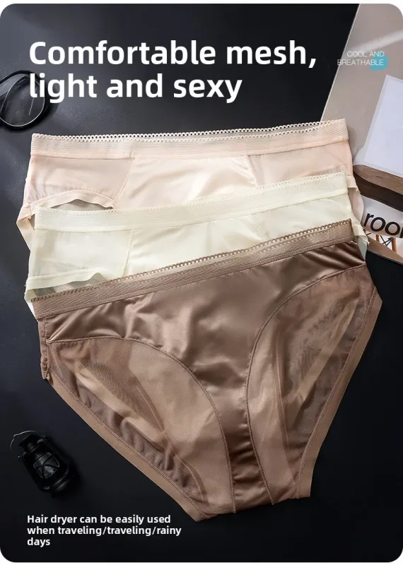 Male Glossy Silk Satin Briefs High Rise Lace Trim Ice Silk Underwear Soft Breathable U Pouch Men Panties