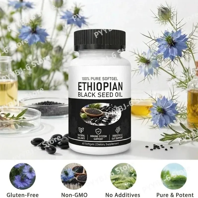 Ethiopian Black Seed Oil Organic Cold-Pressed Immune Support Supplement 60 Softgels for Joint Health & Antioxidant Protection