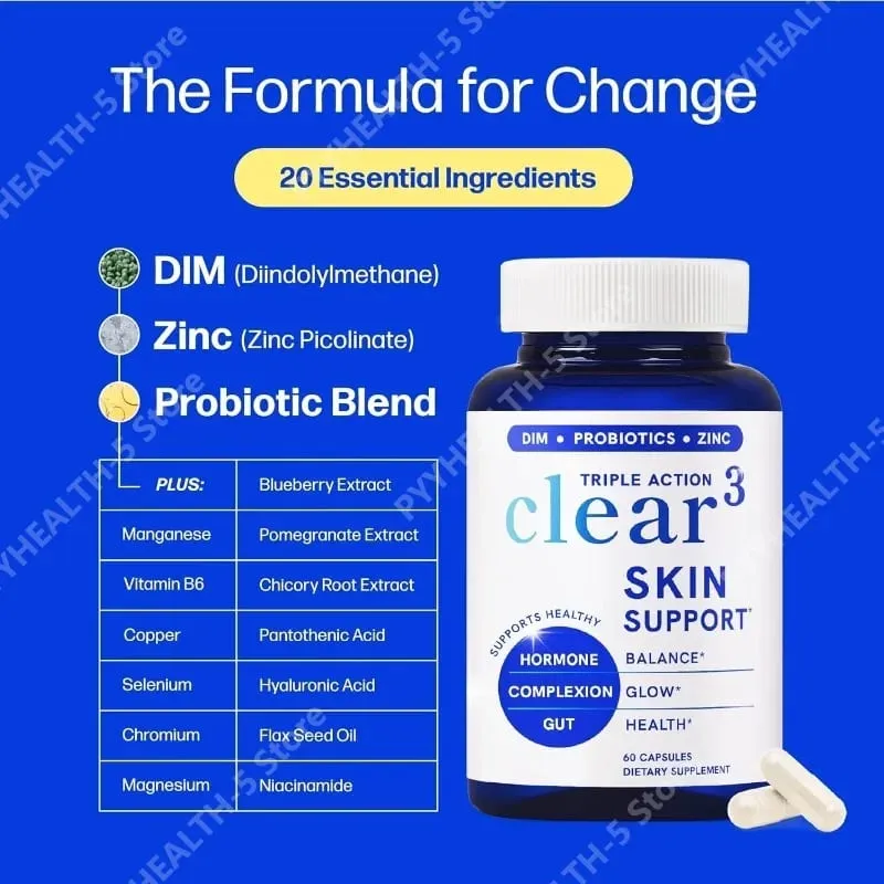 Συμπλήρωμα Clear³ Skin Support with DIM Probiotics & Zinc – Healthy Skin & Gut Nutritional Support 60 Κάψουλες