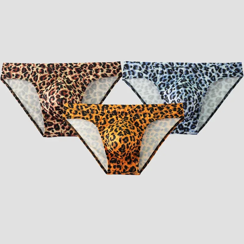 Men's Mid Waist Underwear Sexy Ice Silk Briefs Leopard Printed Breathable Underpants Male Soft Comfortable Panties Cueca Homme