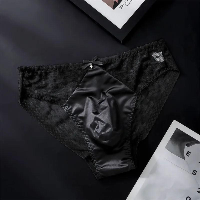 Sexy men's underwear Mesh lace cueca satin splicing sissy cuecas masculino naked feel calzoncillos hombre adults 18 plus size