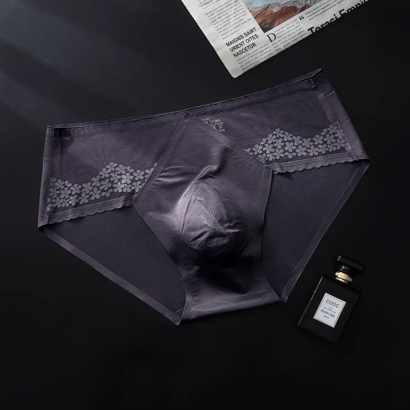Large Size Men Sexy Panties Silky Satin Bugle Pouch Underwear Lace See Through Brief High Elastic Soft Underpant Bikini Lingerie