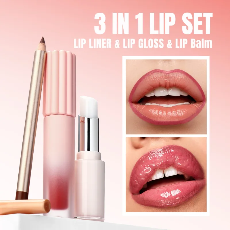 Κιτ μακιγιάζ χειλιών Private Label Lip Gloss Pencil Liner Balm Ματ γυαλιστερό Σετ lipgloss Χονδρική 3 σε 1 Κουτί δώρου