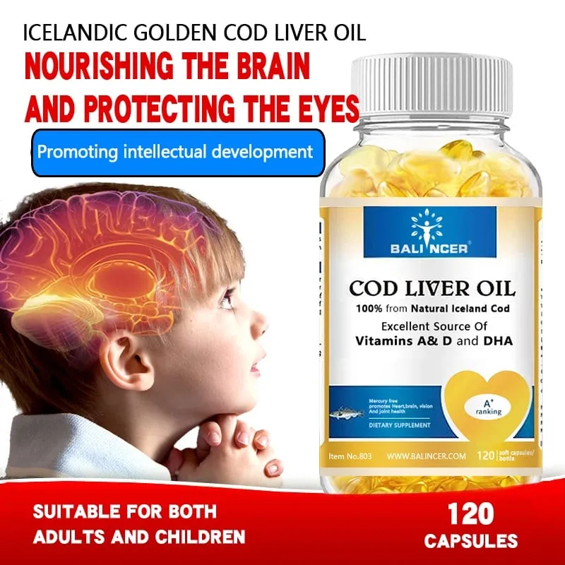 Cod Liver Oil Capsules Vitamins A & D and DHA Support Stress Relief Strengthen The Brain Bones Improve Memory and Intelligence