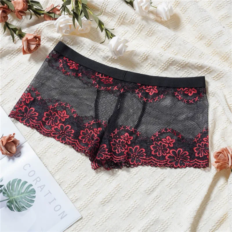 Men Lace Jacquard Mesh Boxer Shorts Underwear Hollow Temptation Exotic Trunks Silk Soft Quick Dry Breathable Sexy Panties