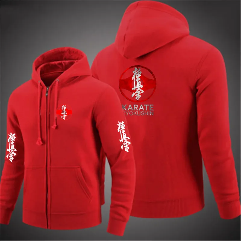 Kyokushin Karate Printed Hooded Long Sleeve Men Jacket Drawstring Zipper Closure Solid Color Casual Sweatshirt Clothing