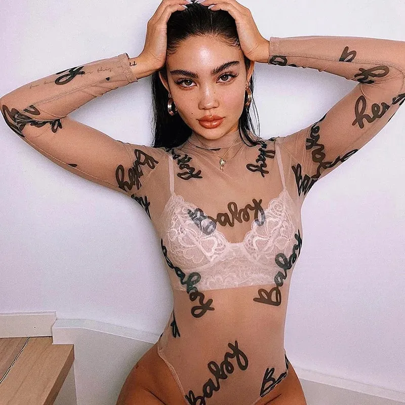 2025-ös nyári szexi levélmintás átlátszó hálós bodyk, hosszú ujjú, átlátszó baba Bodycon Rompers női jumpsuitek