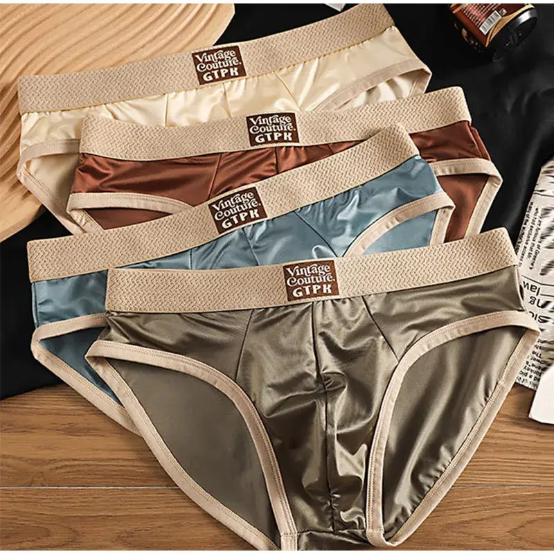Luxurious Men's Briefs Satin Smooth Cool Ice Silk Panties Underwear Briefs Breathe Quick Drying Underpants U Pouch Underwear