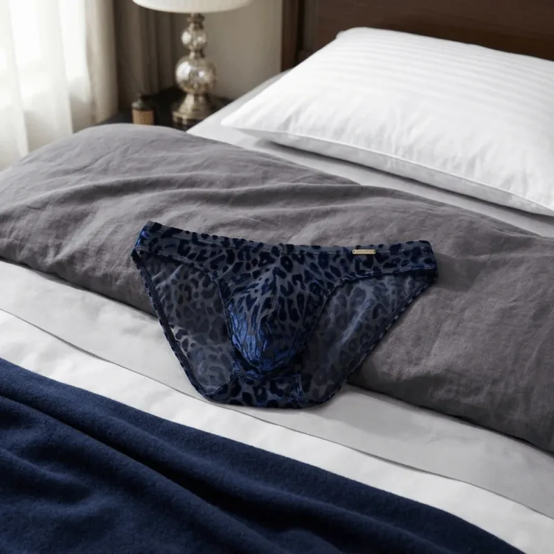 Comfortable Ice Silk Men Briefs Mesh Low Waist Sheer Underwear Convex Pouch Transparent Leopard Print Panties Date Night