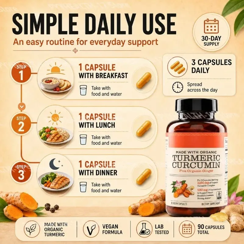 Οι κάψουλες Turmeric Curcumin Plus Vegan κατασκευασμένες με βιολογικό τζίντζερ υποστηρίζουν την υγεία των αρθρώσεων και την υγεία της καρδιάς Μη ΓΤΟ 90 Κάψουλες