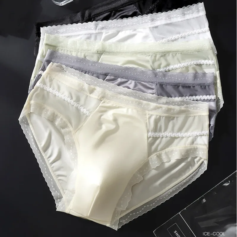 Men's Sexy Lace Thin Seamless Ice Silk Briefs Underwear 3D Bulge Pouch Panties U Convex Sexy Underwear Ice Silk Lace Thin