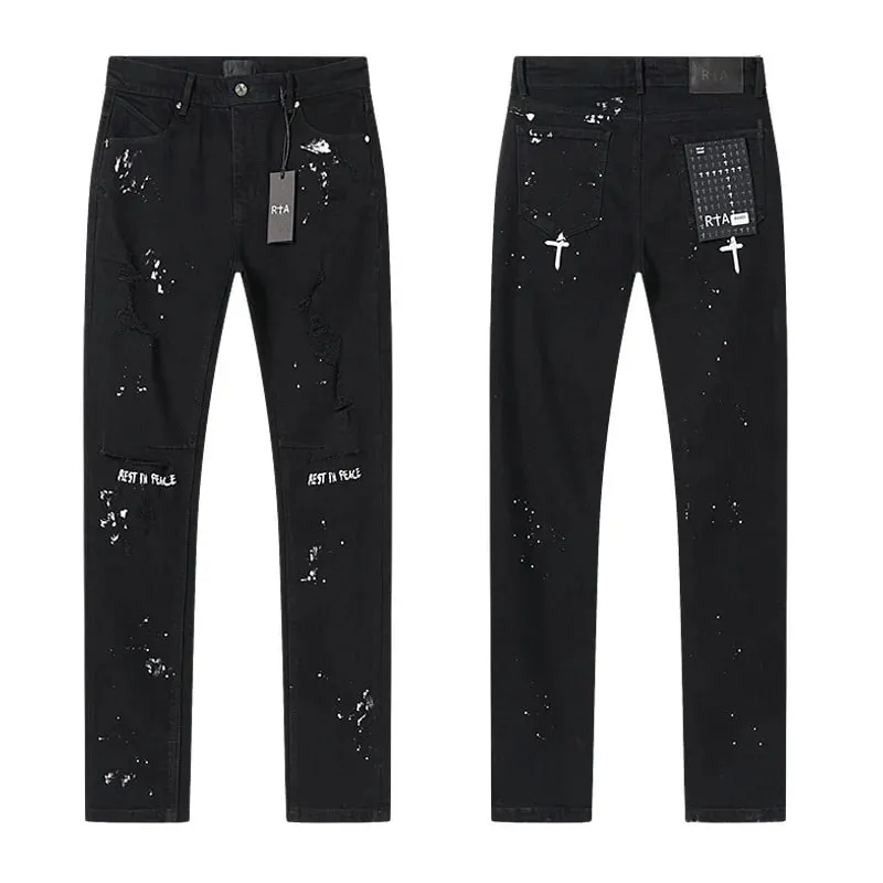 Νέο RTA Destroyed Scratch Hole Light Blue Distressed Jeans Ανδρικά High Street Elastic Slim Fit jeans 2026 Μάρκα παντελόνι Streetwear