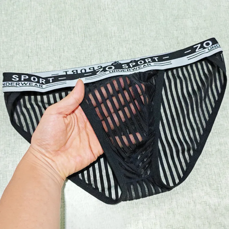 Striped Men's High Slit Sexy Pouch Underwear Ice Silk See Through Comfortable Male Triangle Briefs Man Underclothes