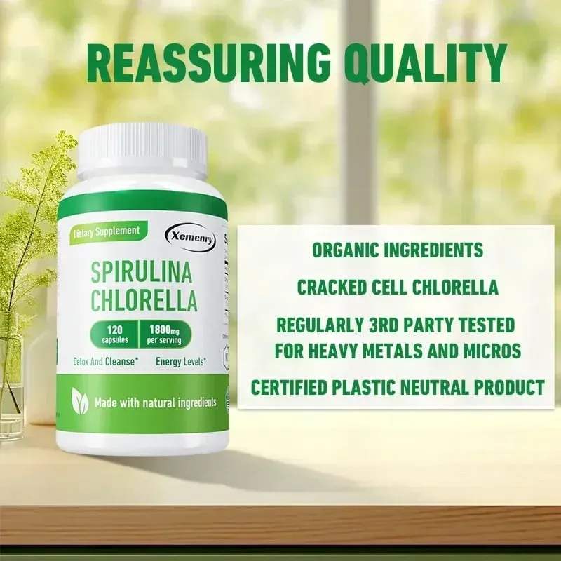 Spirulina Chlorella Capsules - Supports Cardiovascular and Immune System Health Powerful Antioxidant