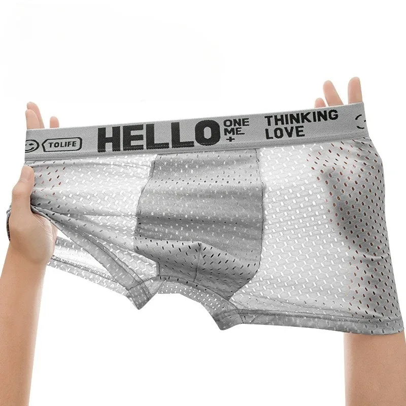 6 Stück Mesh-Boxshorts aus Eisseide für Herrenunterwäsche, atmungsaktiv, sexy, schmale Passform und nahtlose, flache Ecken, große Größe