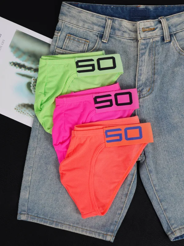 Men's Nylon Blend Mesh Breathable Briefs Horn Splice Letter Embossed Wide Elastic Waistband Fluorescent Color Sexy Underwear