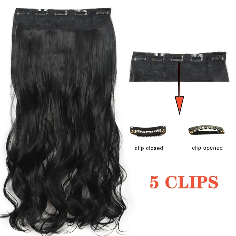 Synthetic Long Wave 5 Clips Hair Extensions Clips in High Temperature Fiber Black Brown Hairpiece