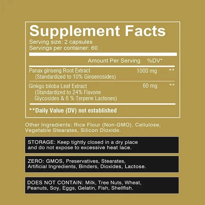 Panax Ginseng + Ginkgo Biloba - תמיכה חיסונית לשפר את הביצועים הפיזיים לשפר את הזיכרון ולשמור על הבריאות הכללית