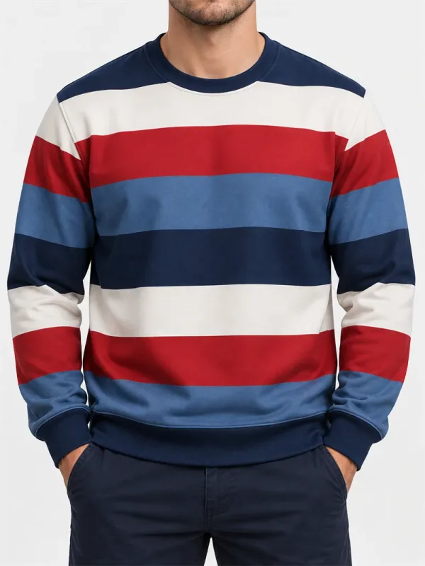 Heren vintage gestreept sweatshirt met ronde hals, casual trui met lange mouwen, kleurenblok, herfst streetwear, alledaagse mode, klassieke top